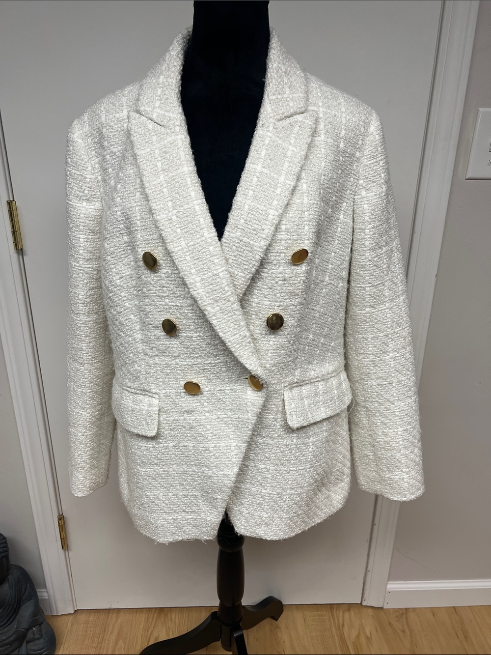 Express White Bouclé Double-Breasted Blazer with Gold Buttons